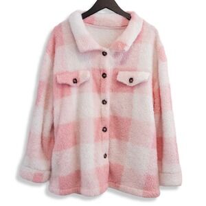 Womens Plush Shacket XL Pink White Buffalo Check Cozy Loungewear Jacket